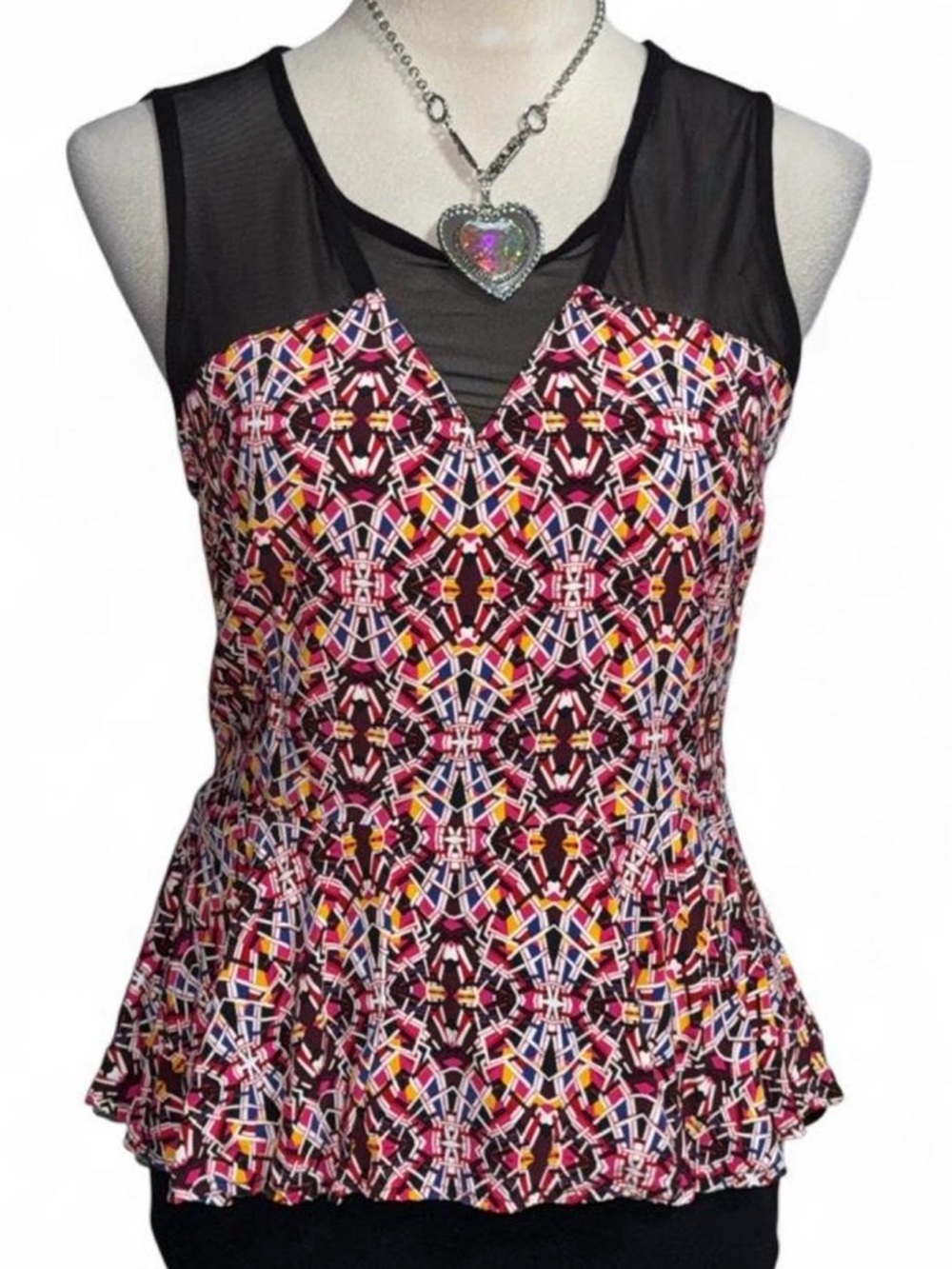 Multicolor Geometric Peplum Tank with Black Mesh Yoke